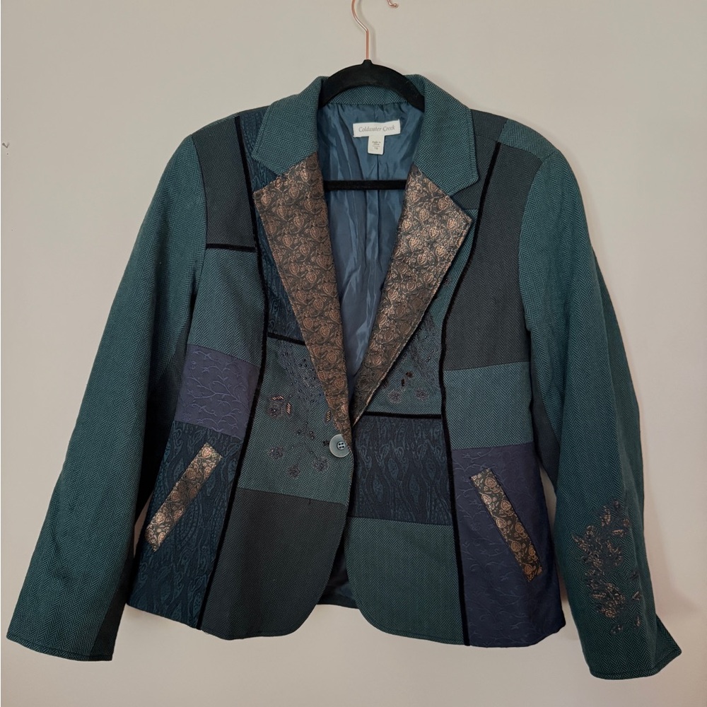 Coldwater Creek Teal Patchwork Beaded Jacket Size 16